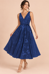 Navy Floral Fit-and-Flare Midi Dress