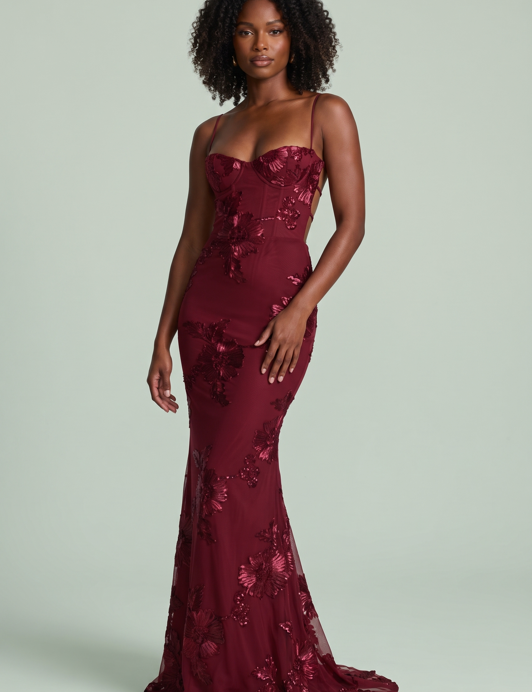 Robe longue bordeaux à broderies florales | Vue de face | Lounelle Paris