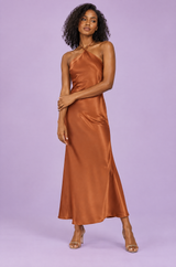 Brown Twist Halter-Neck Cape Maxi Dress