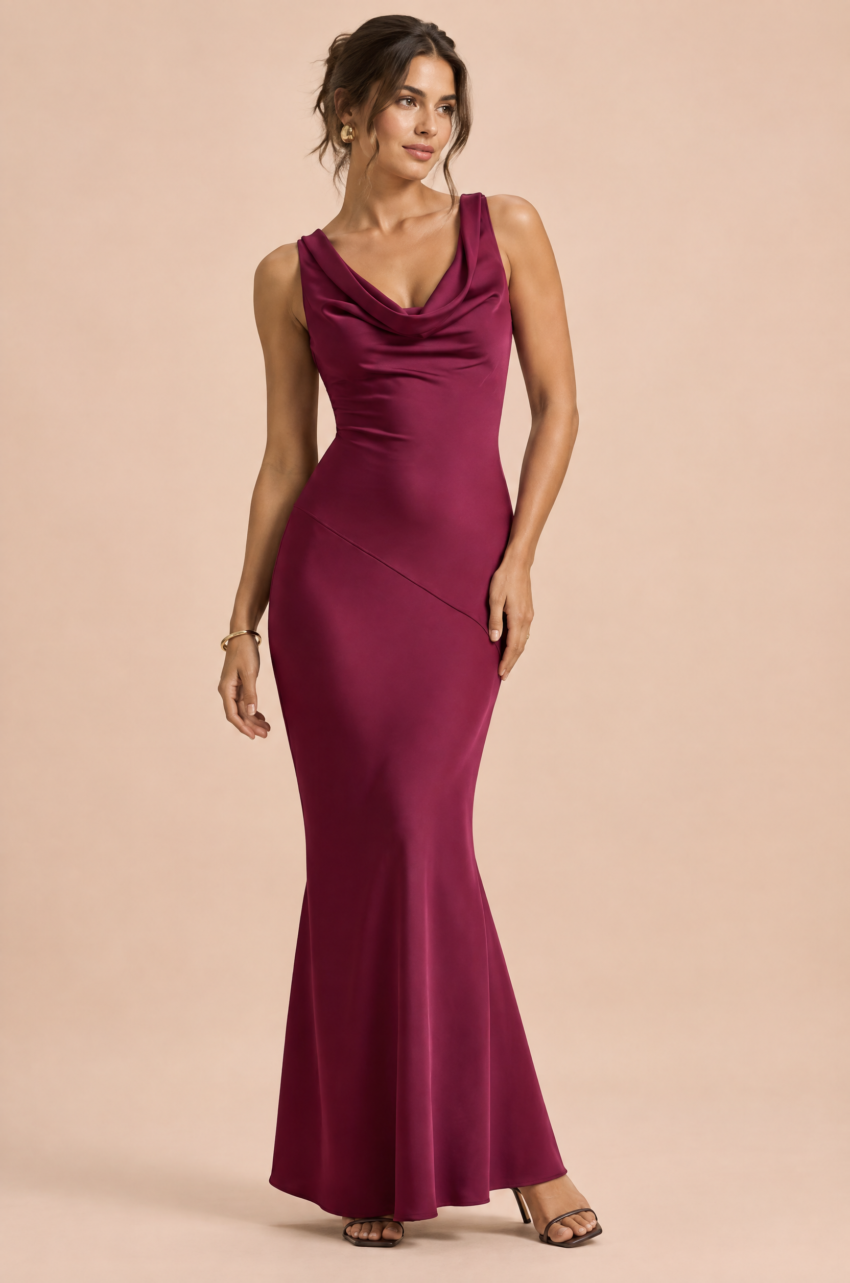 Robe longue asymétrique torsadée rose | Vue de face | Lounelle Paris