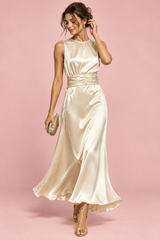Sleeveless Champagne Maxi Dress with Ruched Waist