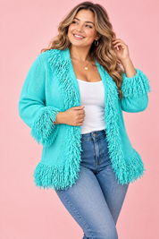 Gilet turquoise à franges | Porté sur une autre silhouette | Lounelle Paris