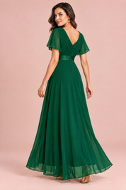 Robe longue plissée vert émeraude à col V | Vue de dos | Lounelle Paris