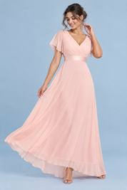 Robe longue plissée rose à col V | Vue de face | Lounelle Paris