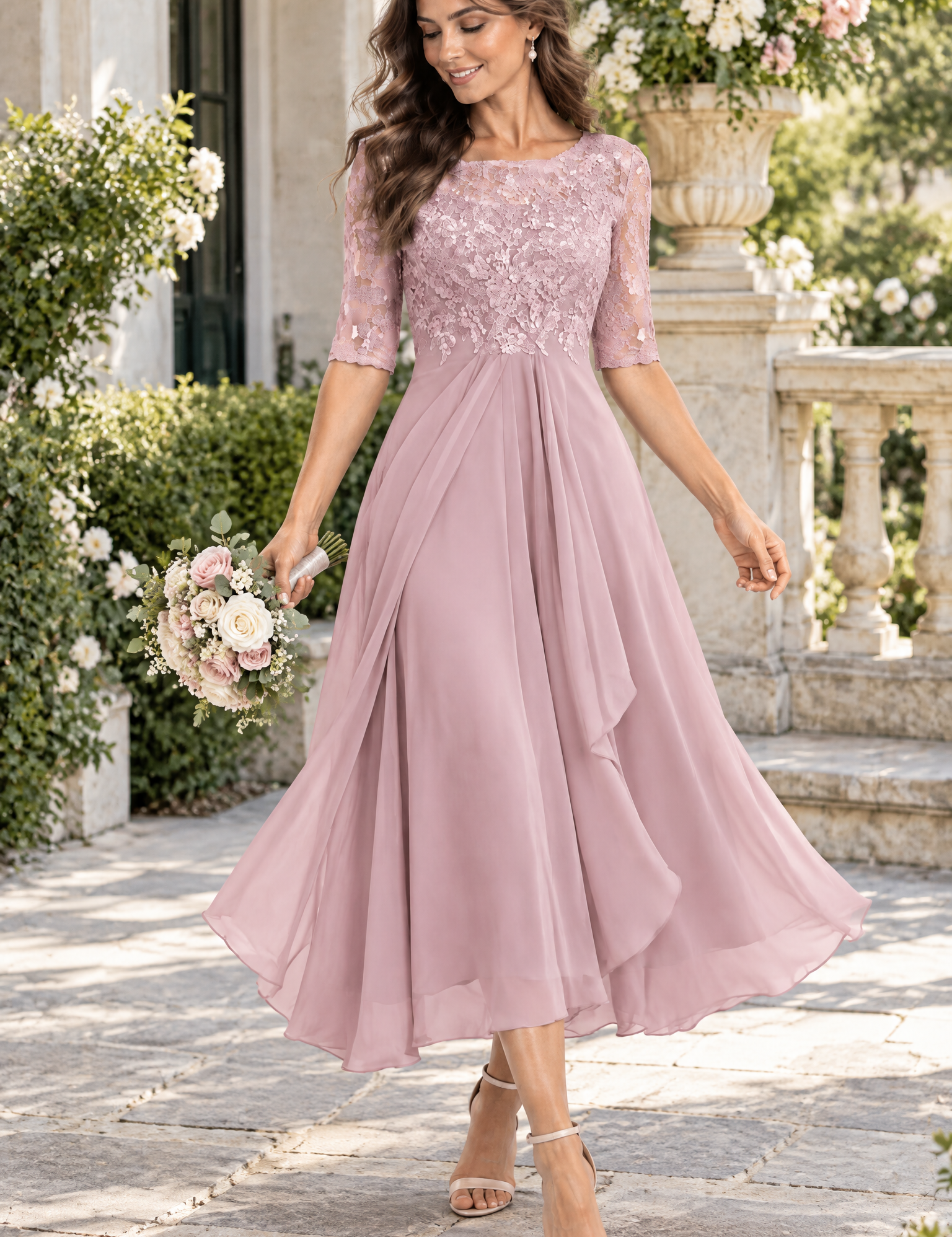 Robe en mousseline à corsage brodé rose poudré | Photo lifestyle | Lounelle Paris