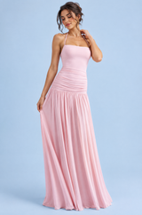 Pink Square-Neck Maxi Dress With Ruched-Detailing