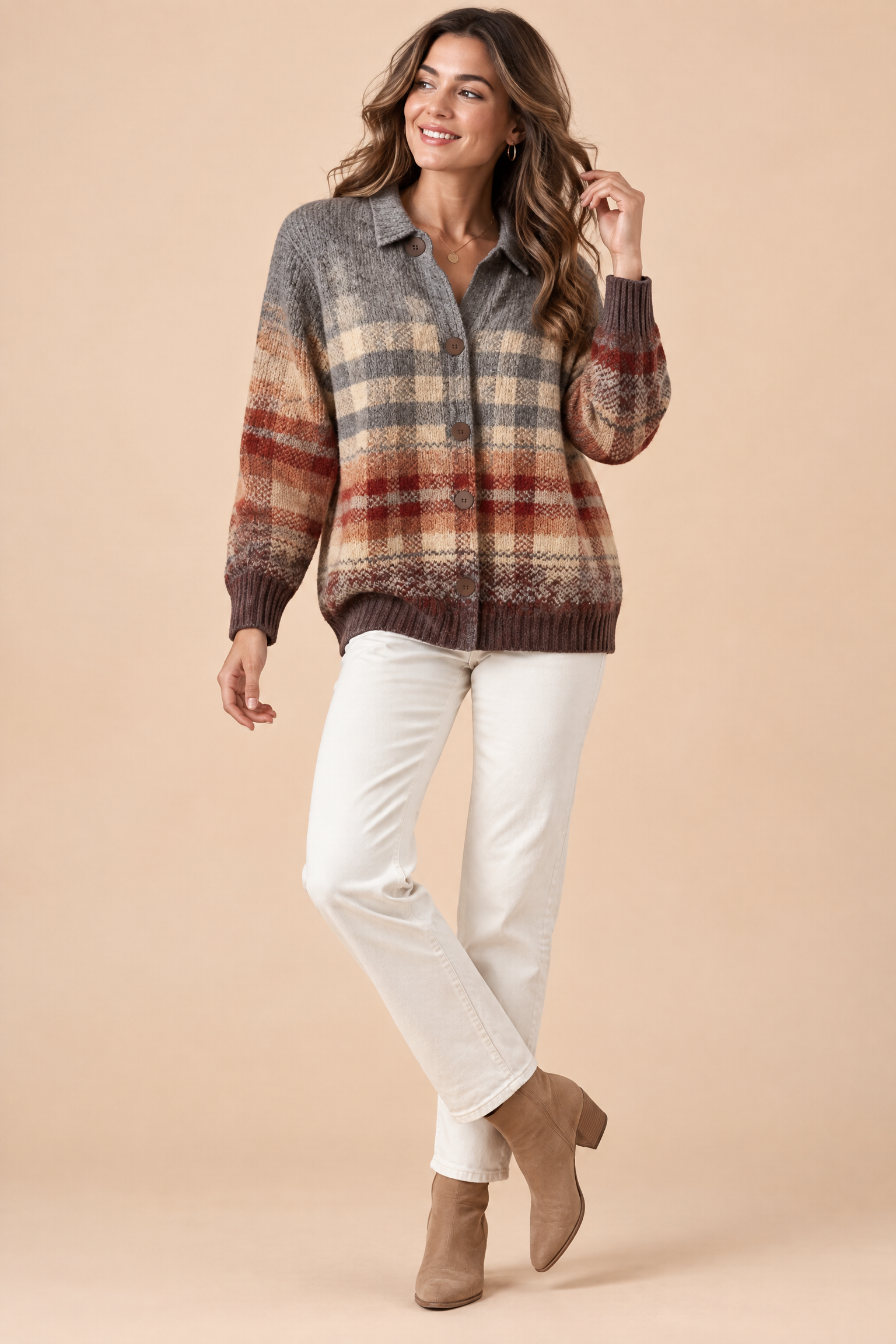 Gilet marron à carreaux avec col | Vue de face | Lounelle Paris