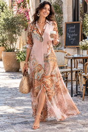 Robe-chemise midi imprimée rose | Photo lifestyle | Lounelle Paris