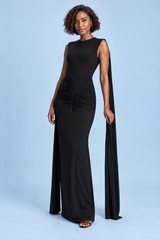 Black Figure-Hugging Maxi Dress with Boat Neck, Cape Sleeves and Open Back