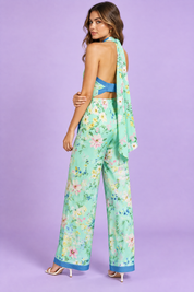 Combishort asymétrique vert menthe à imprimé floral et encolure dos nu | Vue de dos | Lounelle Paris