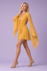 Mustard Cowl Neck Mesh Mini Dress