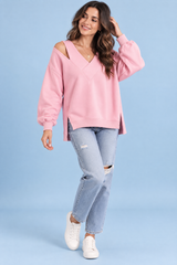 Pink Cold-Shoulder V-Neck Top