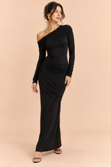 Black One-Shoulder Maxi Dress with Long Sleeves and Ruched Details