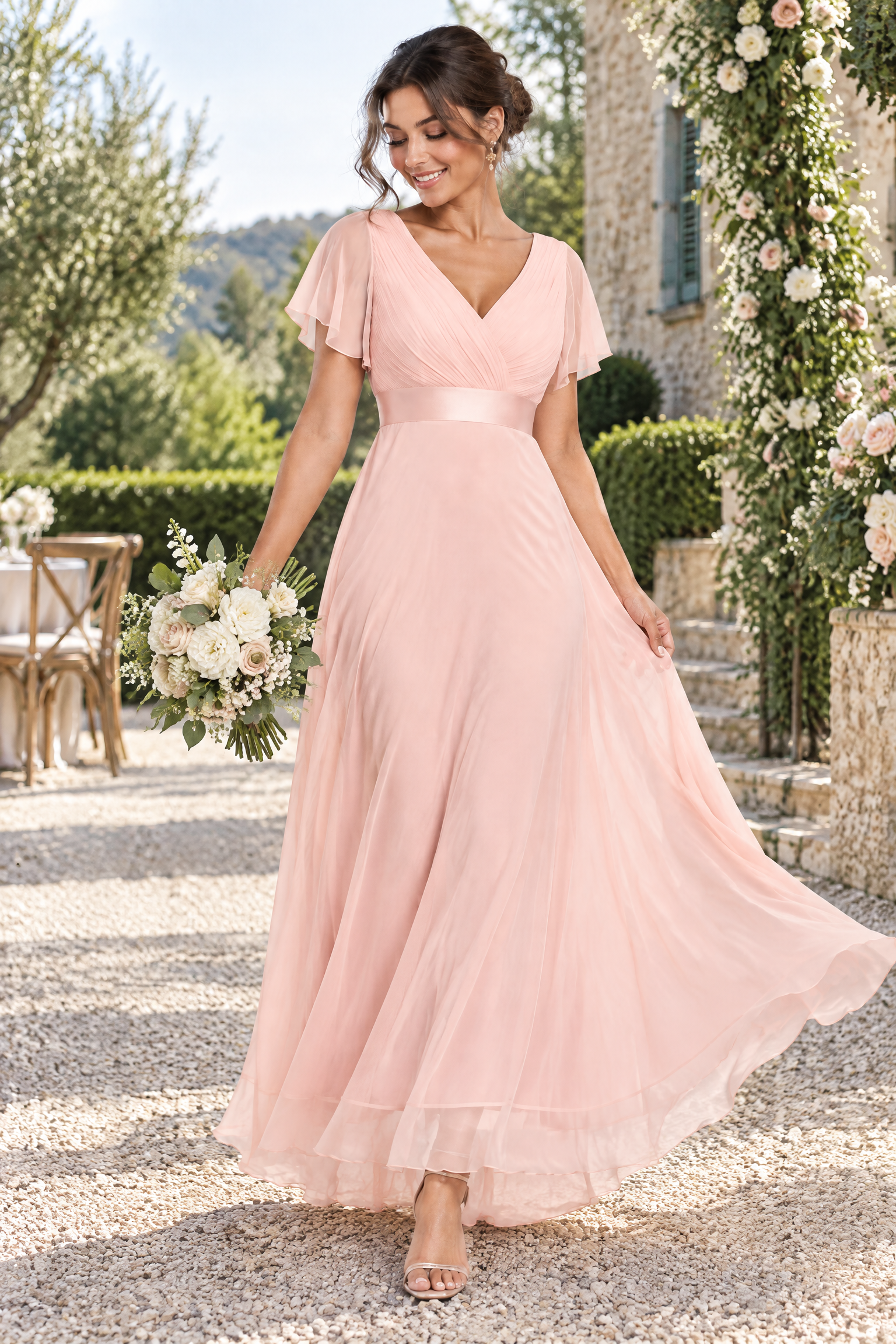 Robe longue plissée rose à col V | Photo lifestyle | Lounelle Paris