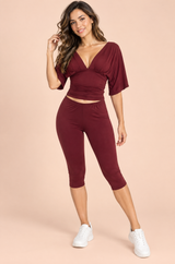 Burgundy V-Neck Ruched Top Capri Pants Set