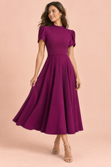 Purple midi dress with round neck and puff sleeves