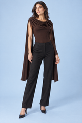 Brown Fitted Ruched Cowl-Neck Bodysuit