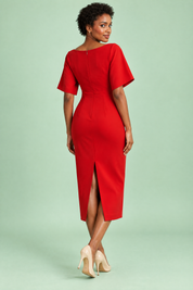 Robe midi rouge avec cape amovible | Vue de dos | Lounelle Paris