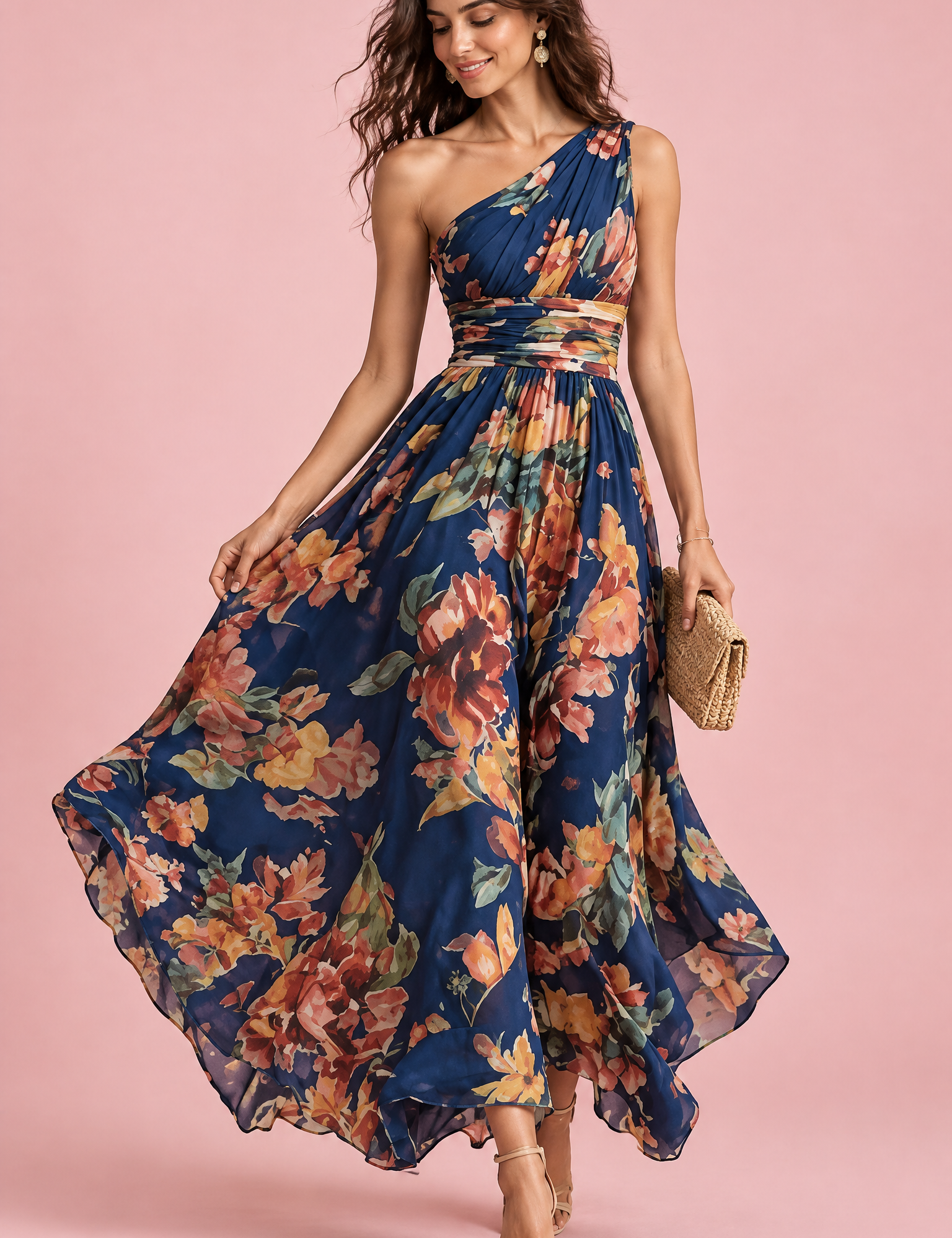 Robe bleue fleurie à une épaule | Vue de face | Lounelle Paris