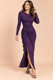 Robe longue violette à manches longues et fente volantée | Vue de face | Lounelle Paris
