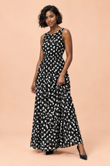 Black Polka-Dot High-Neck Maxi Dress With Draped Detailing