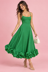 Green Fit-and-Flare Ruffle-Hem Midi Dress