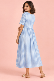 Robe midi trapèze à motif floral bleu clair | Vue de dos | Lounelle Paris