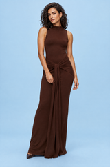 Long Brown Fitted Maxi Dress with Round Neck, Ruching and High Slit