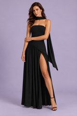 Black Asymmetric-Neck Maxi Dress