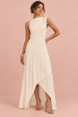 Off White High-Neck Maxi Dress Gathered-Detailing