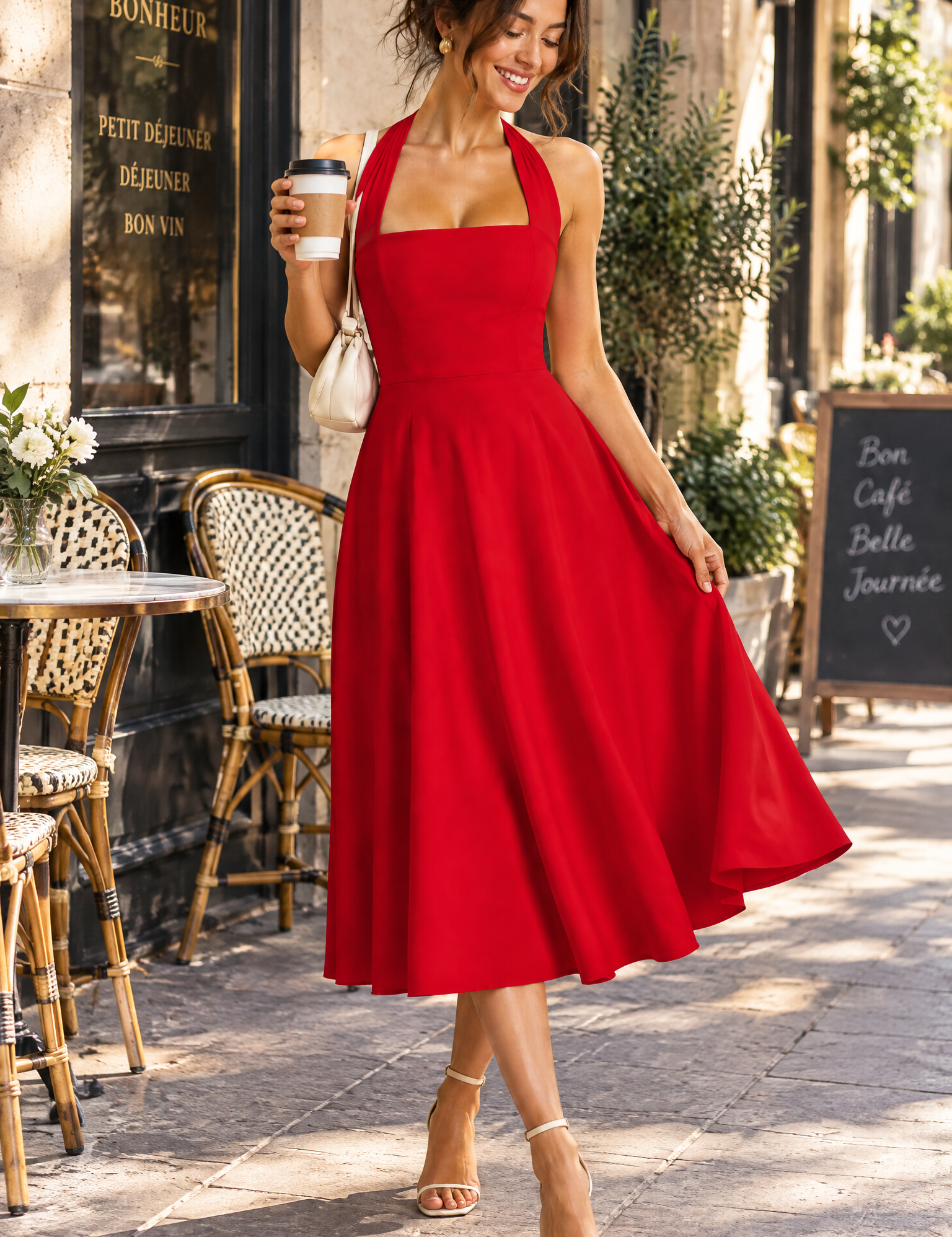 Robe midi patineuse rouge à col américain | Photo lifestyle | Lounelle Paris