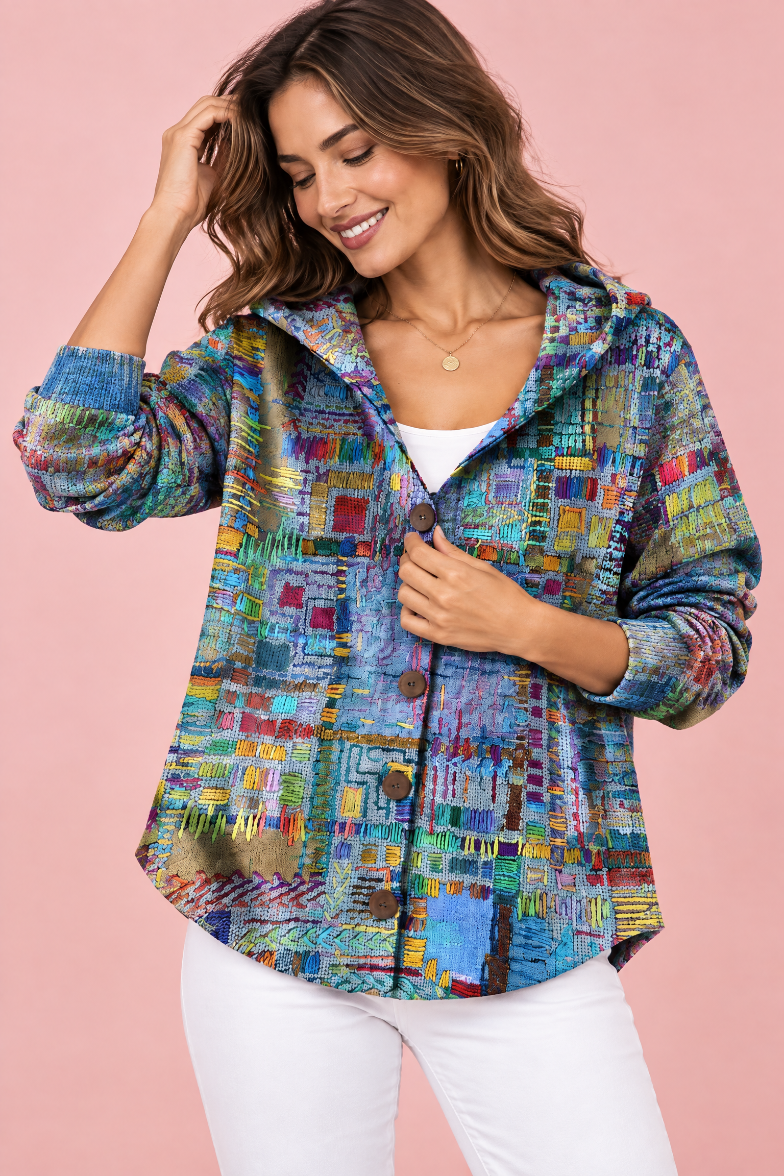 Gilet à capuche bleu à fleurs | Vue rapprochée | Lounelle Paris