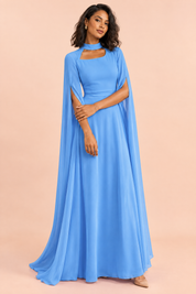 Robe longue bleu roi à encolure carrée et manches cape | Vue de face | Lounelle Paris