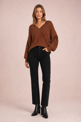 Lace-Trim V-Neck Sweater