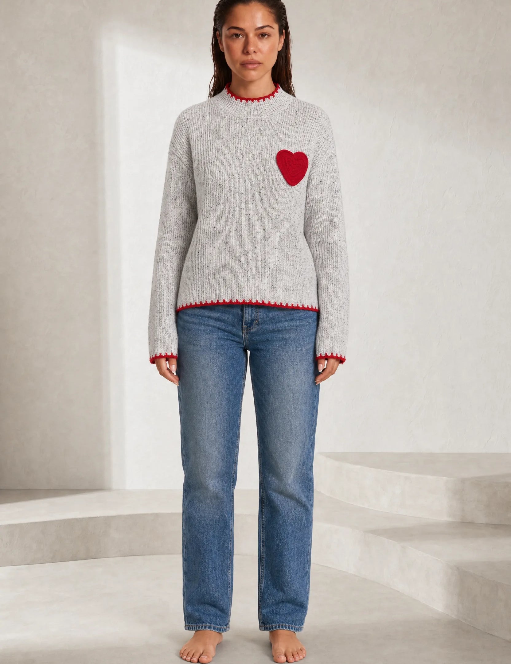 Pull gris col montant motif cœur | Lounelle Paris