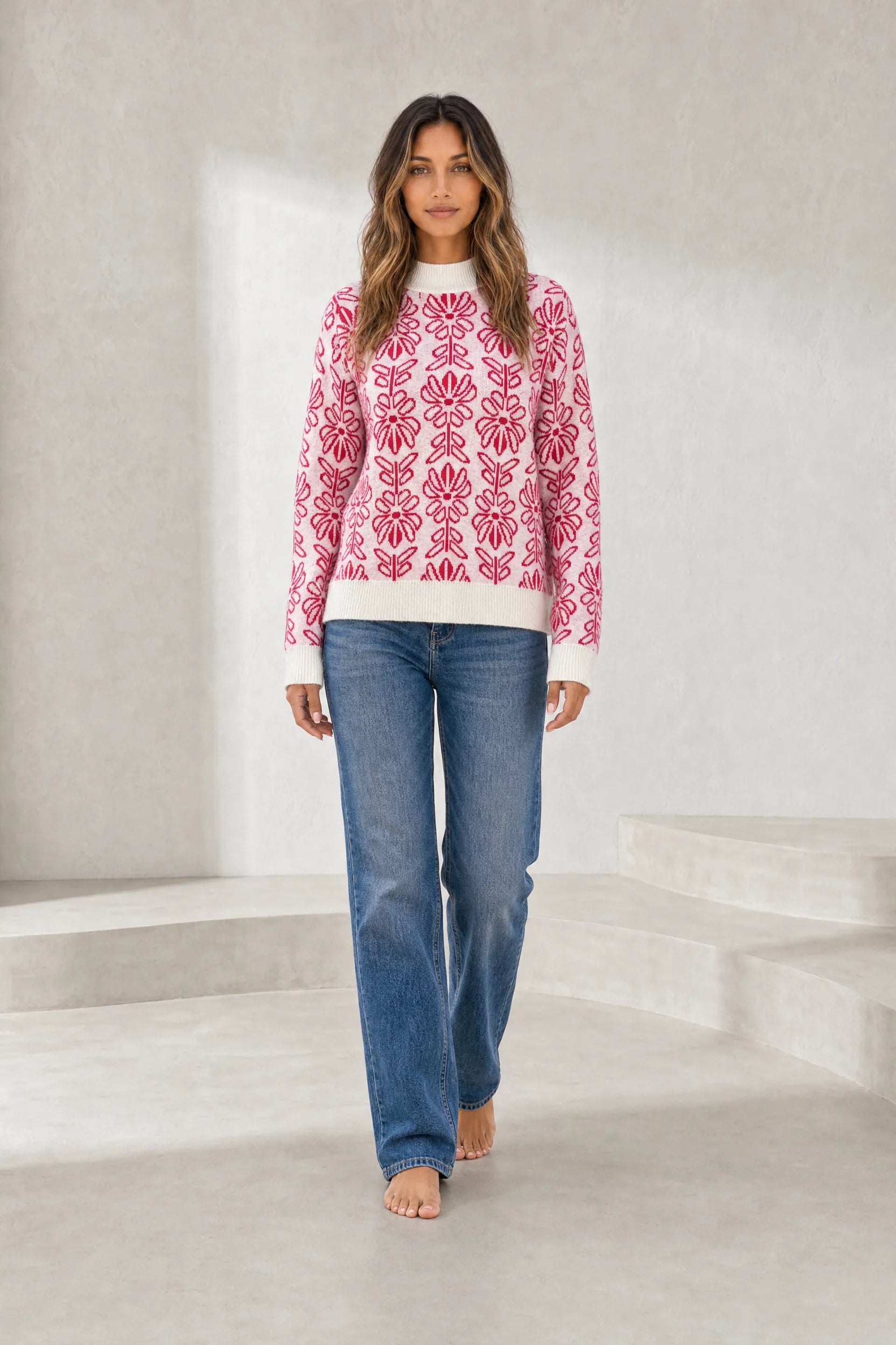 Pull rose jacquard col montant | Lounelle Paris