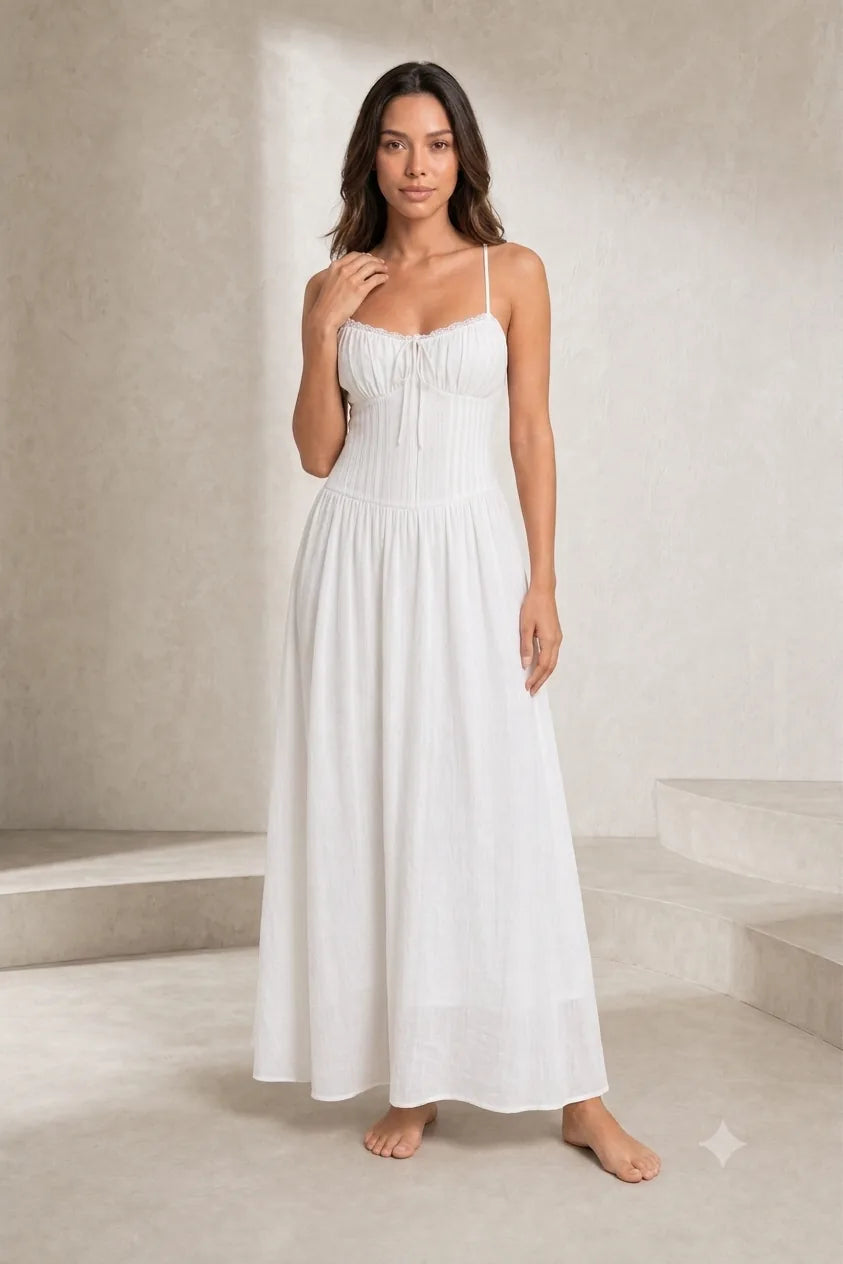 Robe longue blanche bretelles dentelle | Lounelle Paris
