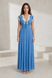 Robe longue bleue à pois col V | Lounelle Paris