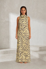 Robe longue imprimé zèbre col écharpe