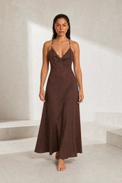 Robe longue marron bretelles croisées | Lounelle Paris
