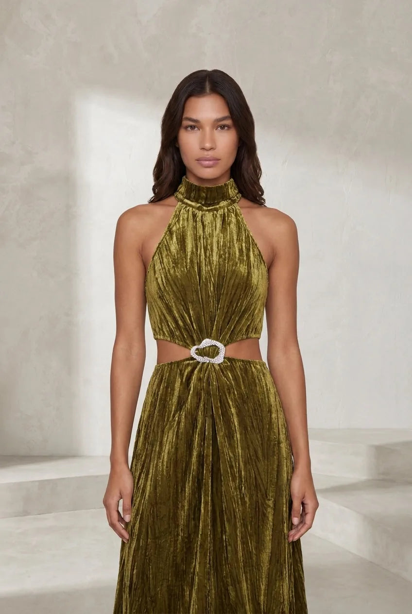 Robe longue or olive dos ouvert | Lounelle Paris