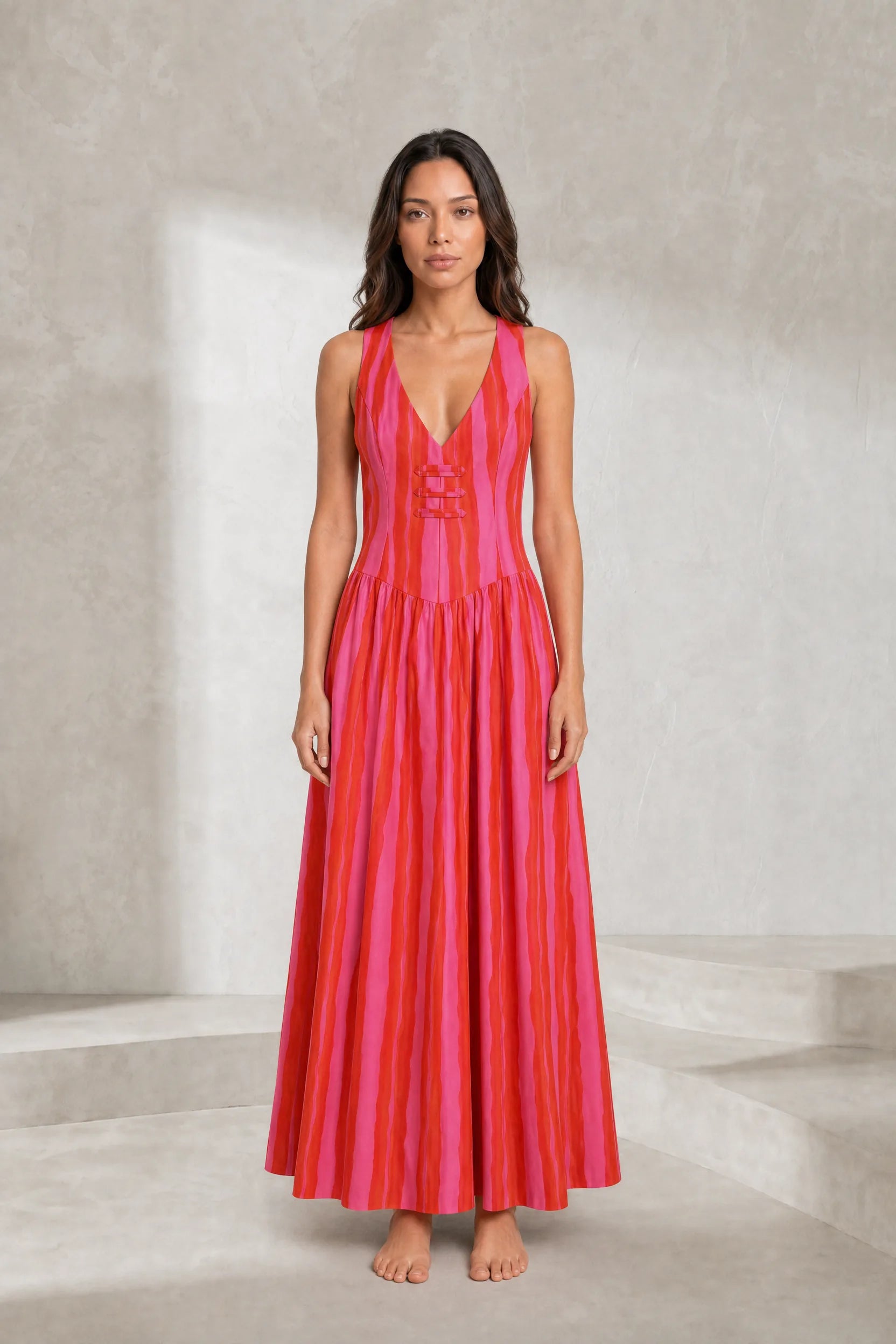 Robe longue rose rayée dos ouvert | Lounelle Paris