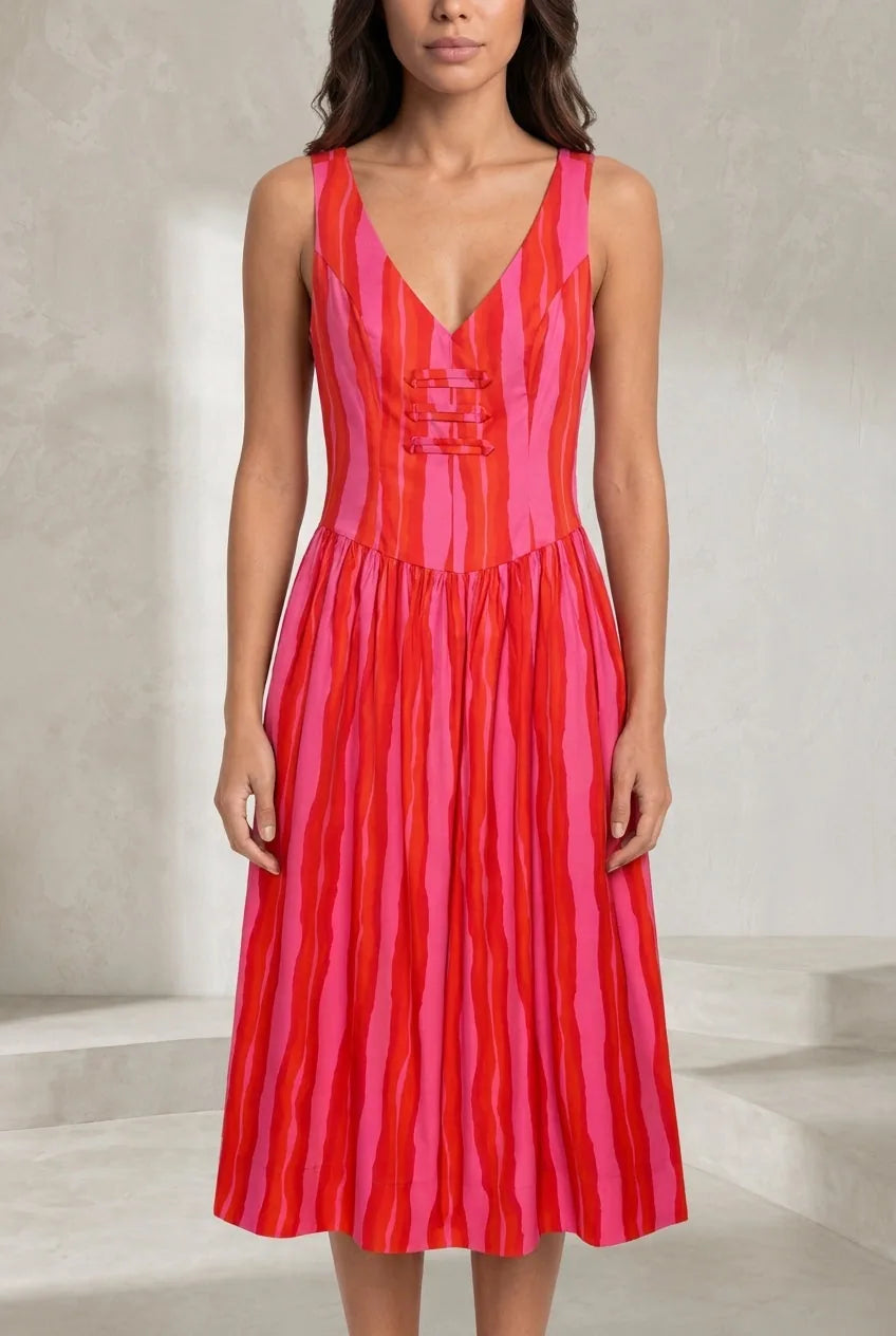 Robe longue rose rayée dos ouvert | Lounelle Paris