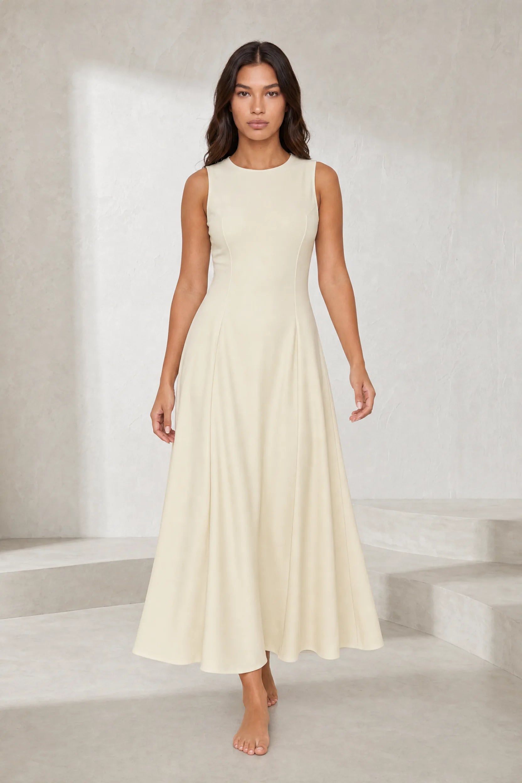 Robe longuecrème évasée sans manches | Lounelle Paris