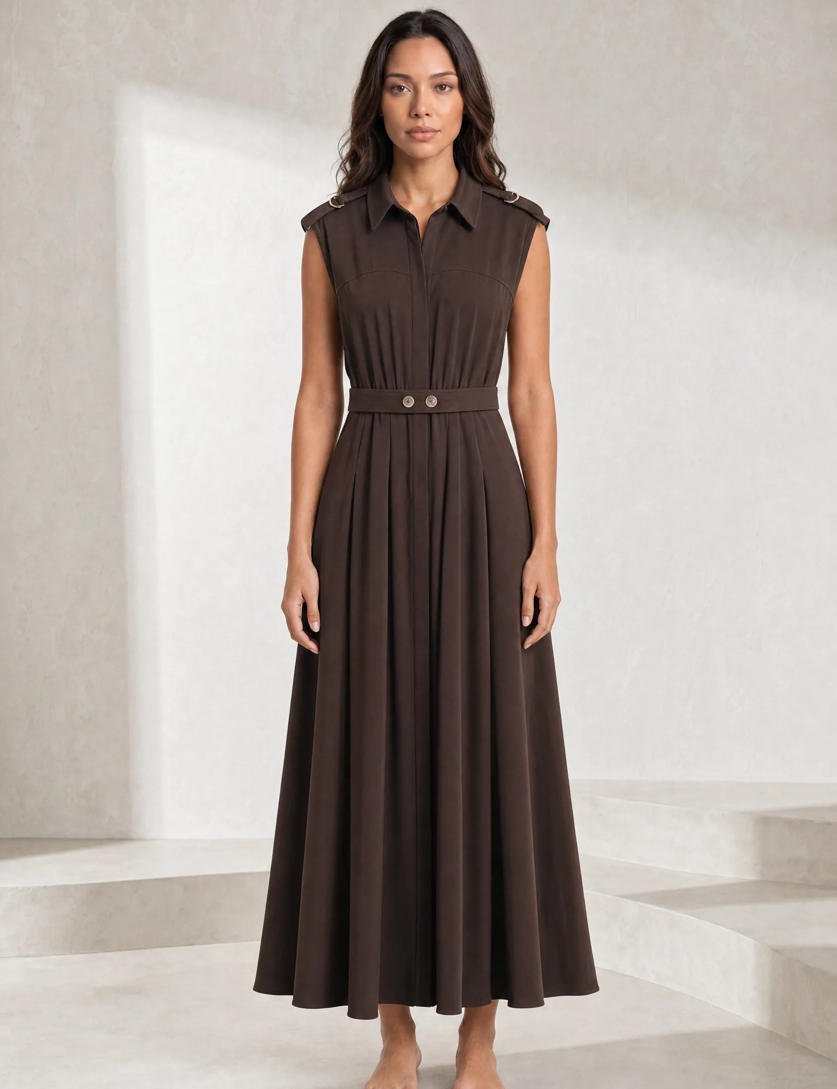 Robe marron col chemise ceinturée | Lounelle Paris