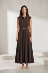 Robe marron col chemise ceinturée