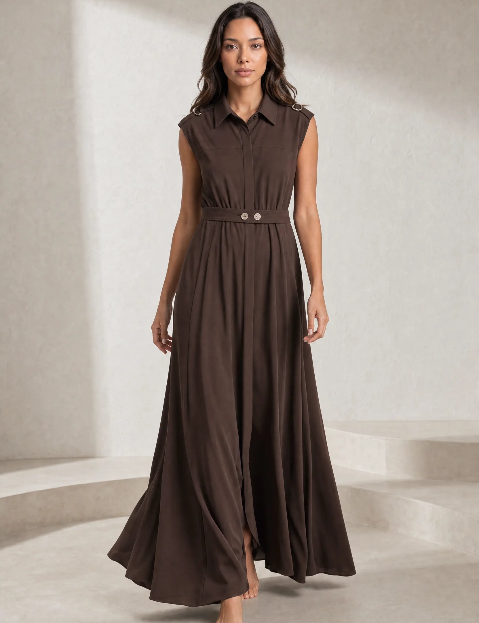 Robe marron col chemise ceinturée | Lounelle Paris