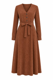 Robe marron col V velours côtelé | Lounelle Paris