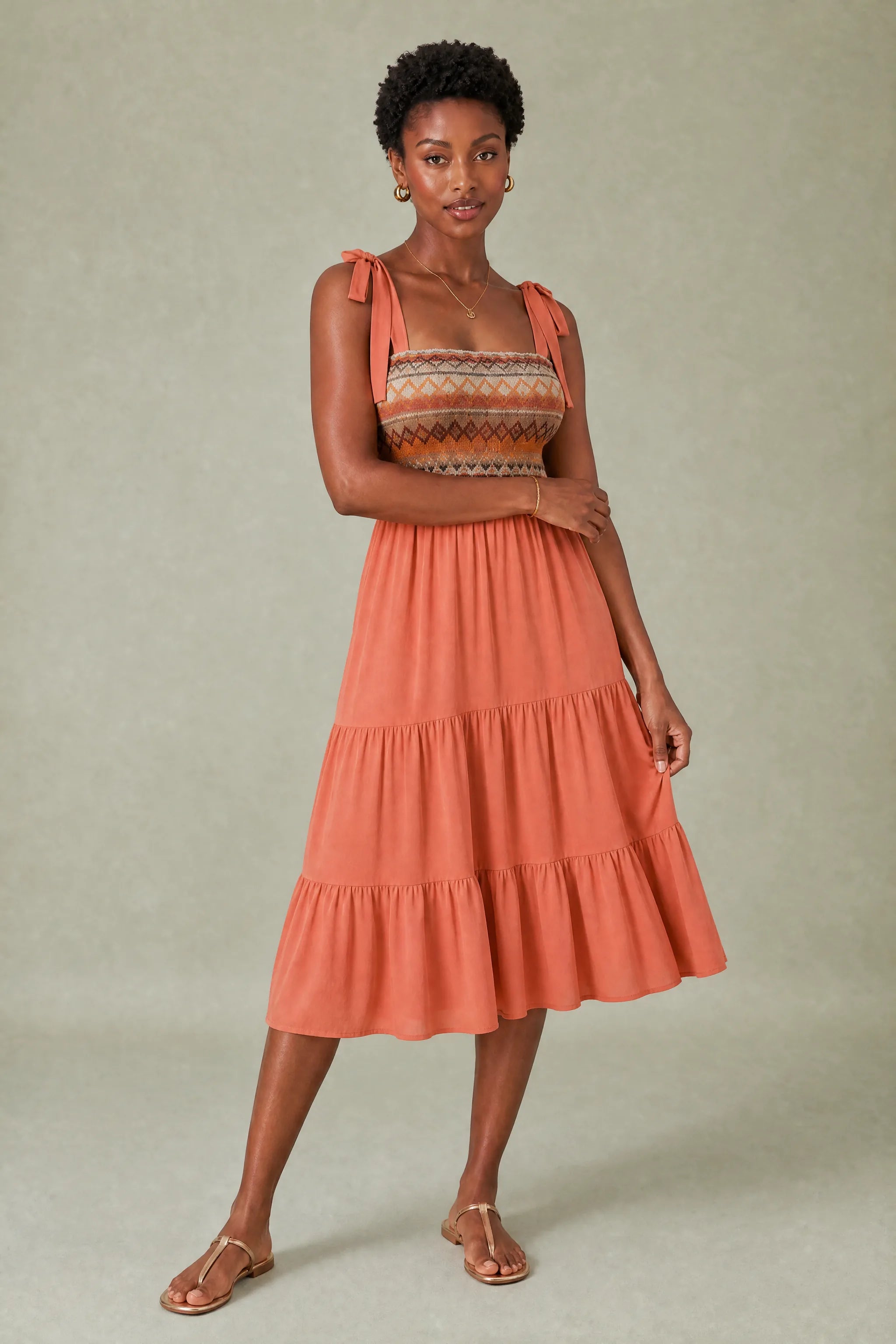 Robe midi à bretelles smockée | Variante Orange | Lounelle Paris