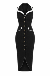 Robe noire col contrasté fendue | Lounelle Paris